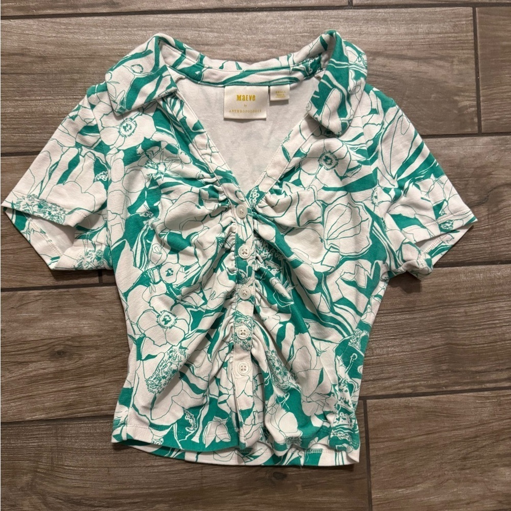 Maeve anthropologie Green 🌺 Floral Women's crop 👚 Top size small